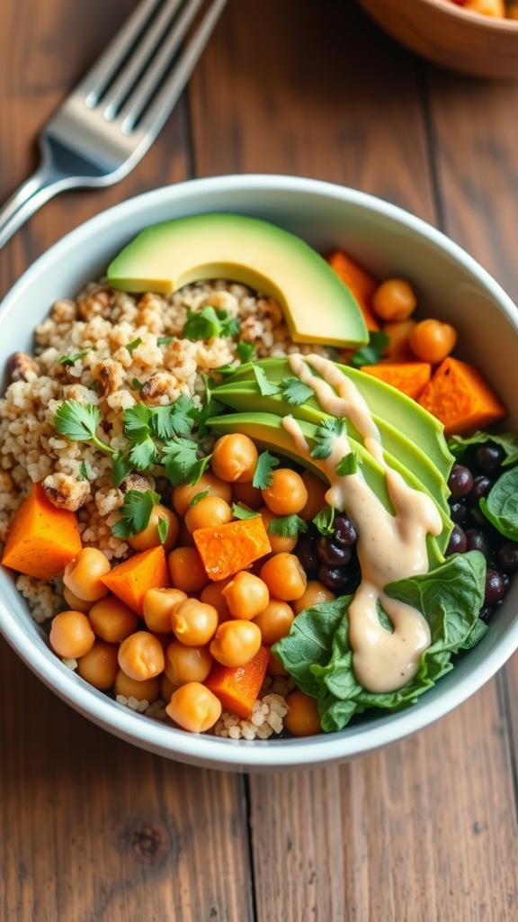 A vibrant vegan Buddha bowl with quinoa, sweet potatoes, chickpeas, greens, and avocado, topped with tahini dressing on a wooden table.